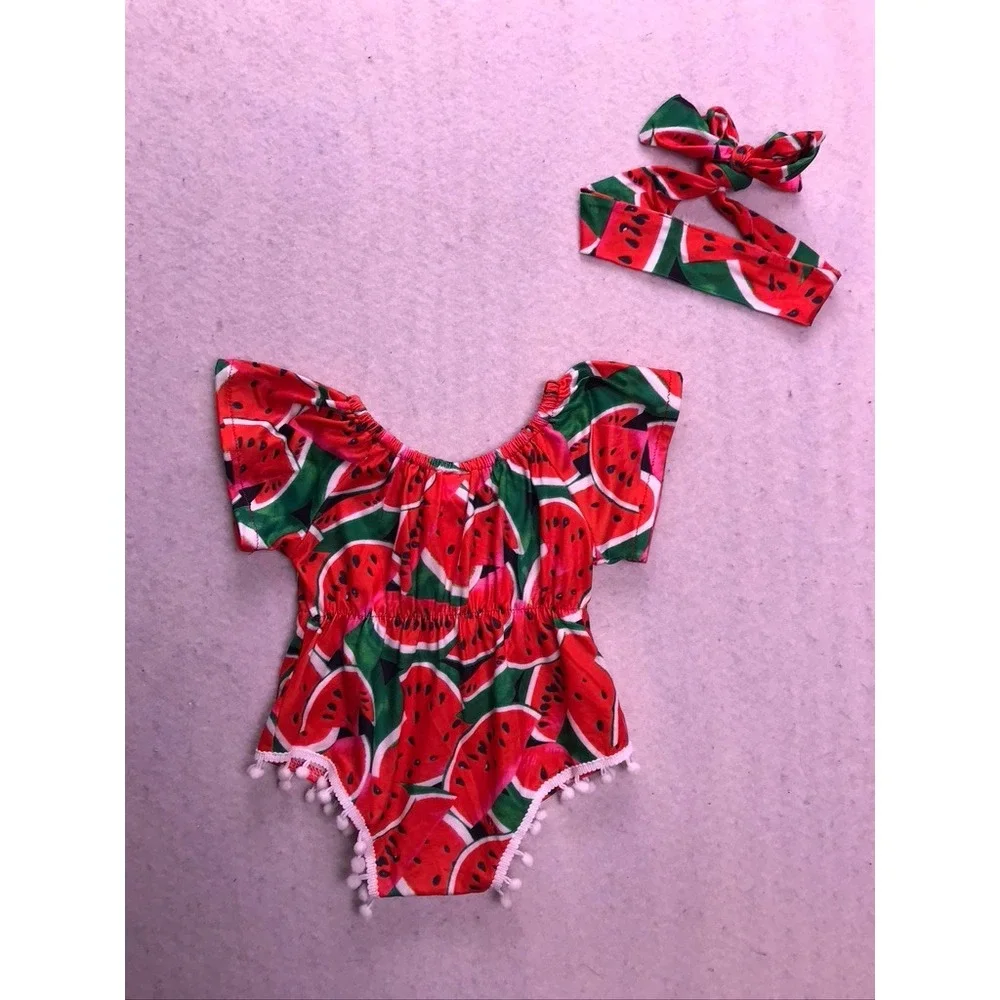 Boutique Watermelon Bubble Romper Baby 0-3M Red Pom Pom Trim Set